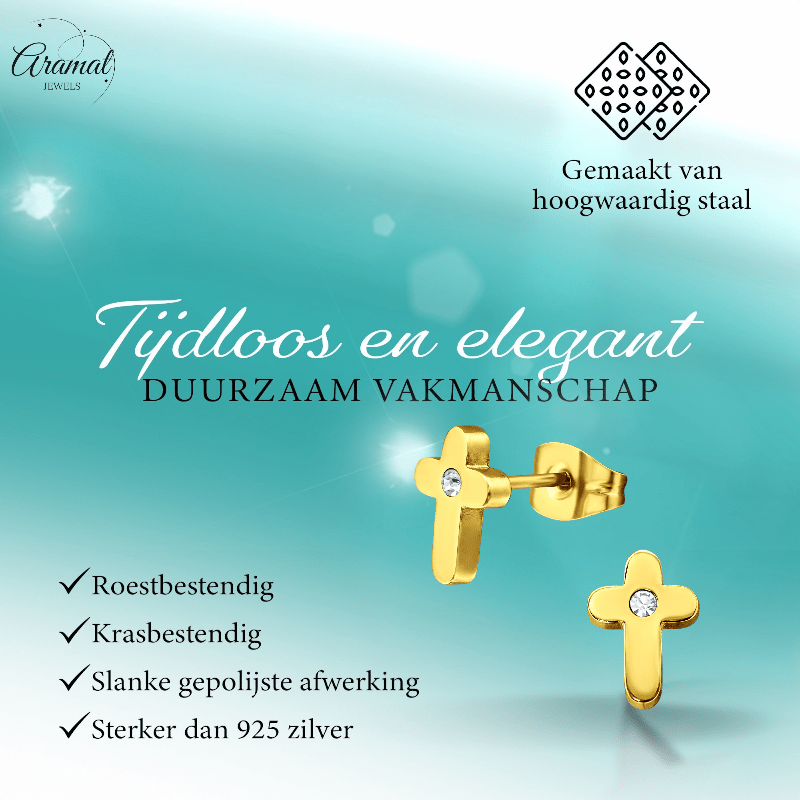 Kruis Oorbellen Goudkleur met Steentje 9x6mm - Aramat Jewels - Oorbellen - cadeautip