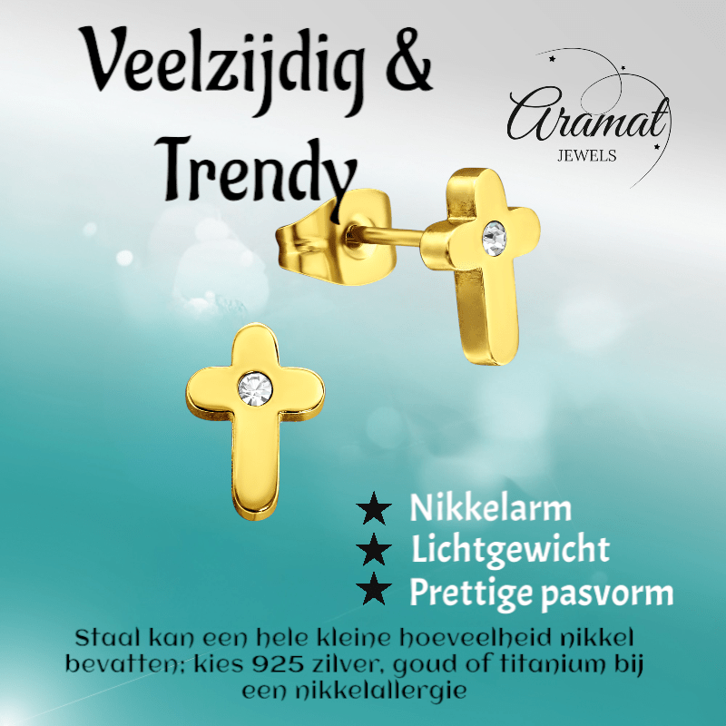 Kruis Oorbellen Goudkleur met Steentje 9x6mm - Aramat Jewels - Oorbellen - cadeautip