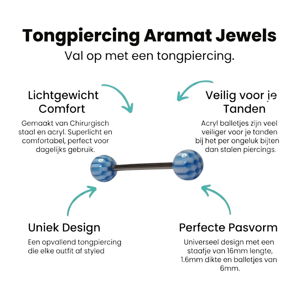 Aramat Jewels tongue piercing with white and light blue checkered acrylic balls on a silver-tone steel bar.