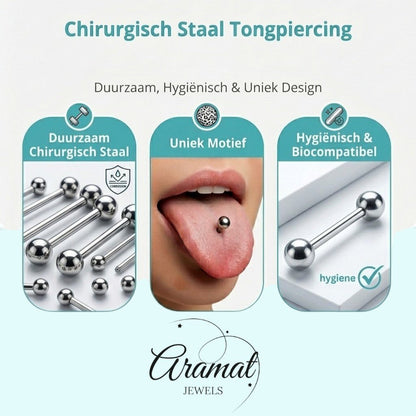 Aramat Jewels light blue acrylic tongue piercing with white and light blue checkered balls. Made of steel with silver finish.