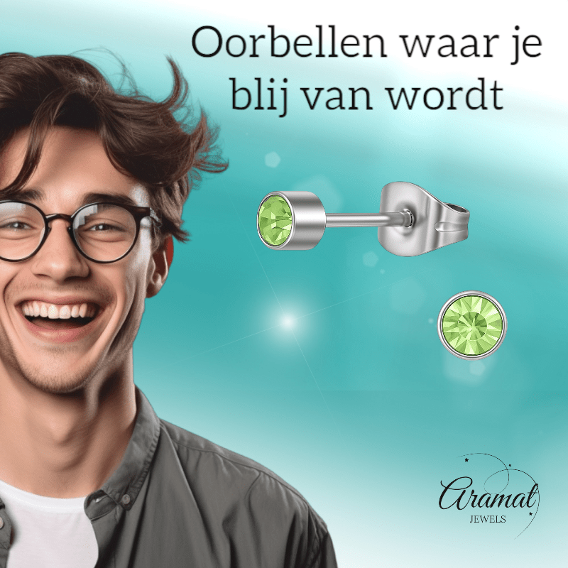 Lichtgroen kristal oorstekers – 4mm zilver RVS - Aramat Jewels - Oorbellen - cadeautip