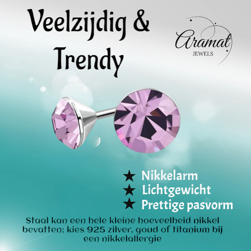 Lila Kristallen Oorstekers – 3mm – RVS - Aramat Jewels - Oorbellen - cadeautip
