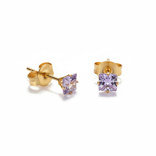 Boucles d'oreilles – Acier inoxydable couleur or avec zircone carrée violette (5 mm) 