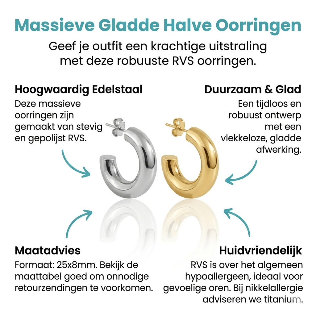 Massieve Halve Oorringen Glad RVS 25x8mm - Aramat Jewels - Oorbellen - cadeautip