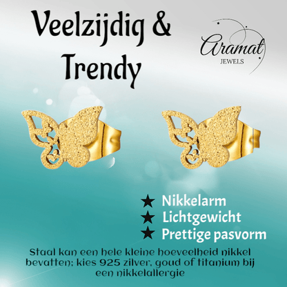 Matte vlinder oorbellen goudkleurig RVS 8mm - Aramat Jewels - Oorbellen - cadeautip