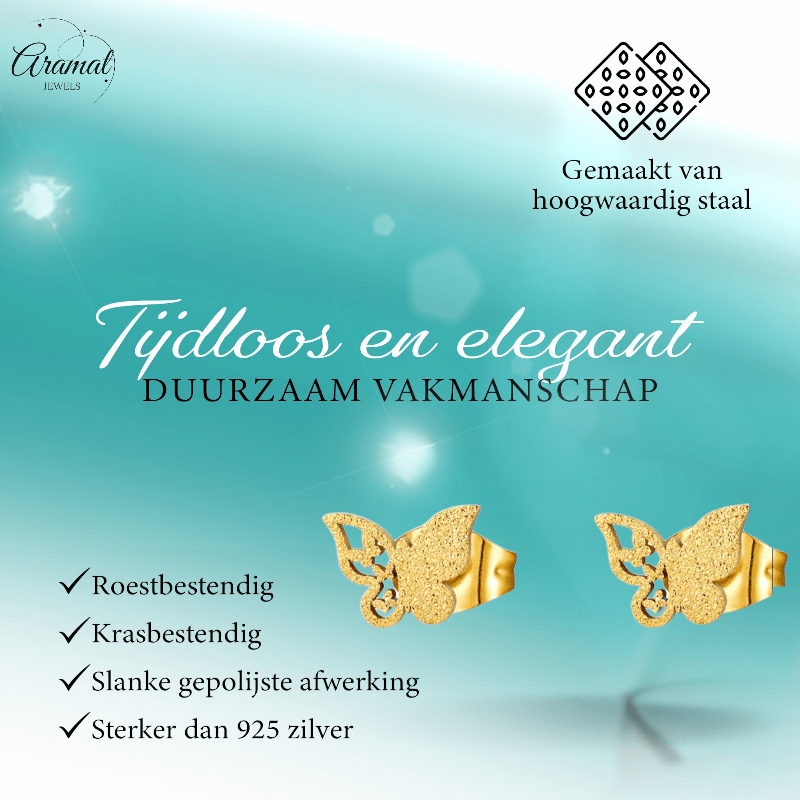 Matte vlinder oorbellen goudkleurig RVS 8mm - Aramat Jewels - Oorbellen - cadeautip