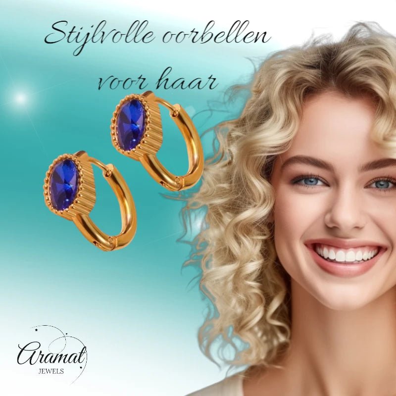 Mini Goudkleurige Oorringen – Blauwe Zirkonia – 15mm - oor6330 - 642325 - Oorringen kopen# - 15mm - alles - blauw