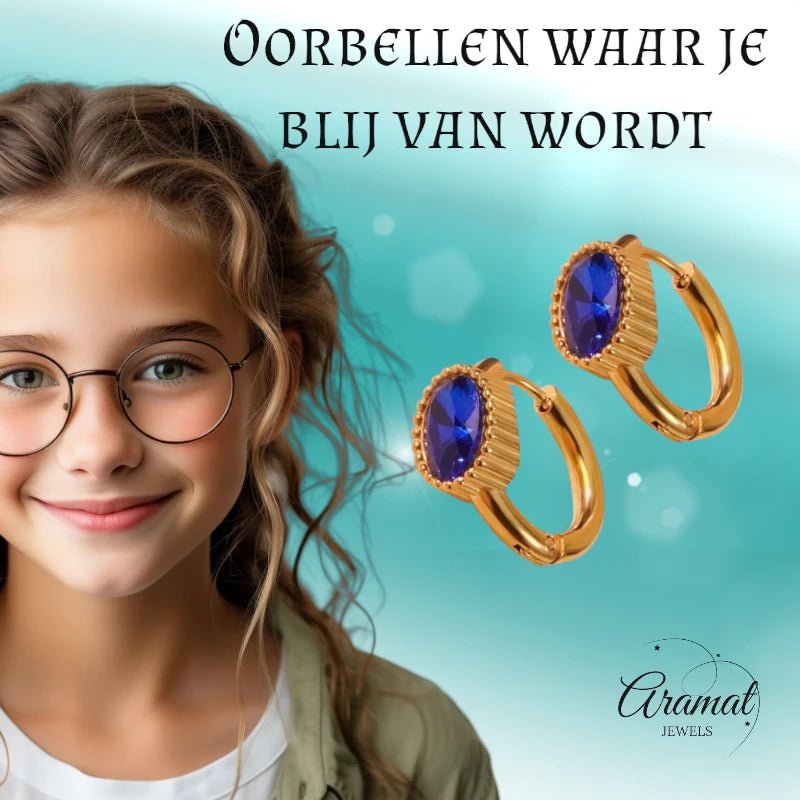 Mini Goudkleurige Oorringen – Blauwe Zirkonia – 15mm - oor6330 - 642325 - Oorringen kopen# - 15mm - alles - blauw