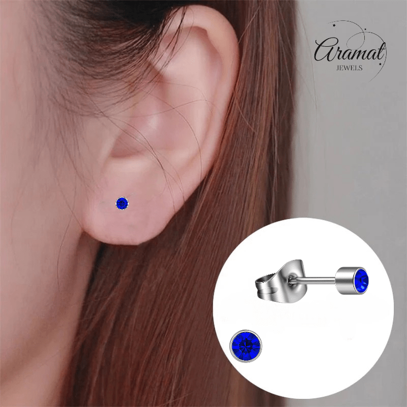 Mini kristal oorstekers blauw – 3mm zilverkleur - Aramat Jewels - Oorbellen - cadeautip
