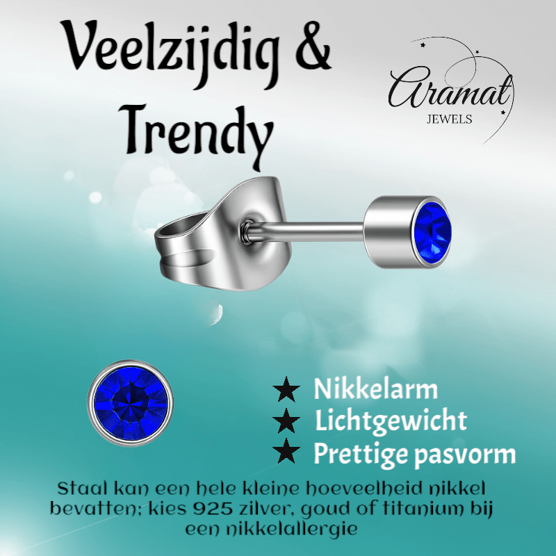 Mini kristal oorstekers blauw – 3mm zilverkleur - Aramat Jewels - Oorbellen - cadeautip