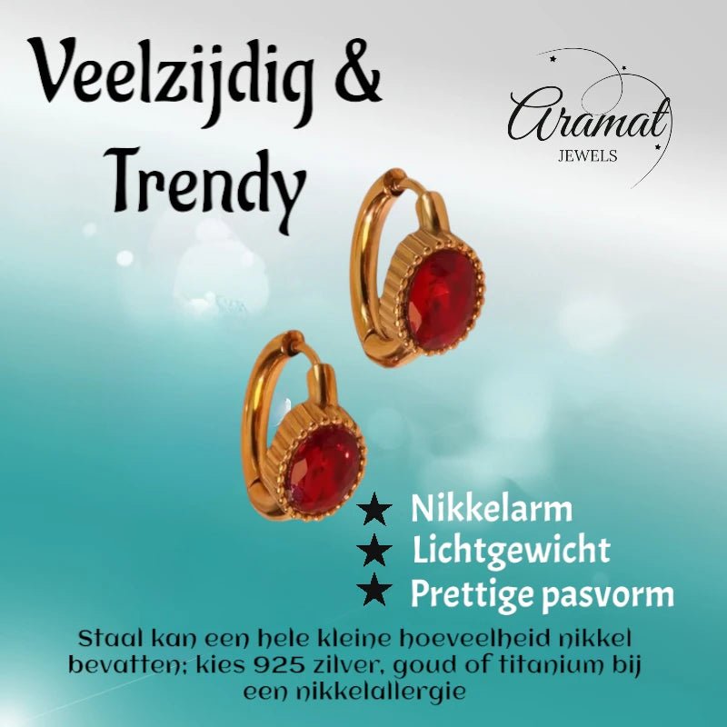Mini Oorringen RVS Goudkleur – 15mm – Rode Ovale Zirkonia - oor6327 - 642323 - Oorringen kopen# - 15mm - alles - cadeau