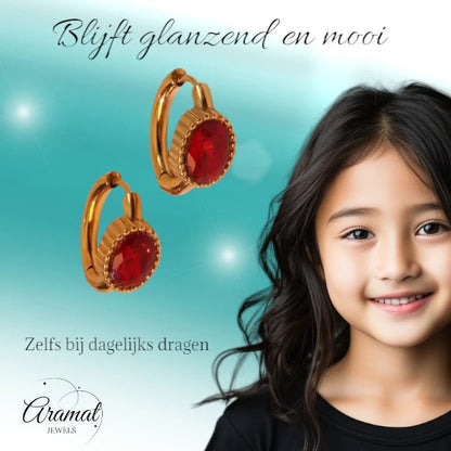 Mini Oorringen RVS Goudkleur – 15mm – Rode Ovale Zirkonia - oor6327 - 642323 - Oorringen kopen# - 15mm - alles - cadeau