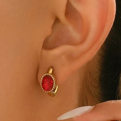 Mini Oorringen RVS Goudkleur – 15mm – Rode Ovale Zirkonia - oor6327 - 642323 - Oorringen kopen# - 15mm - alles - cadeau