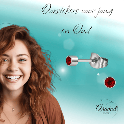 Mini oorstekers granaatrood kristal – 3mm RVS - Aramat Jewels - Oorbellen - cadeautip
