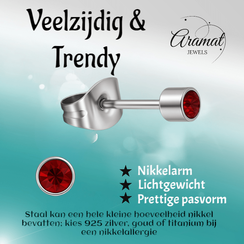 Mini oorstekers granaatrood kristal – 3mm RVS - Aramat Jewels - Oorbellen - cadeautip