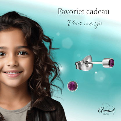 Mini oorstekers lavendel kristal – 3mm RVS - Aramat Jewels - Oorbellen - cadeautip