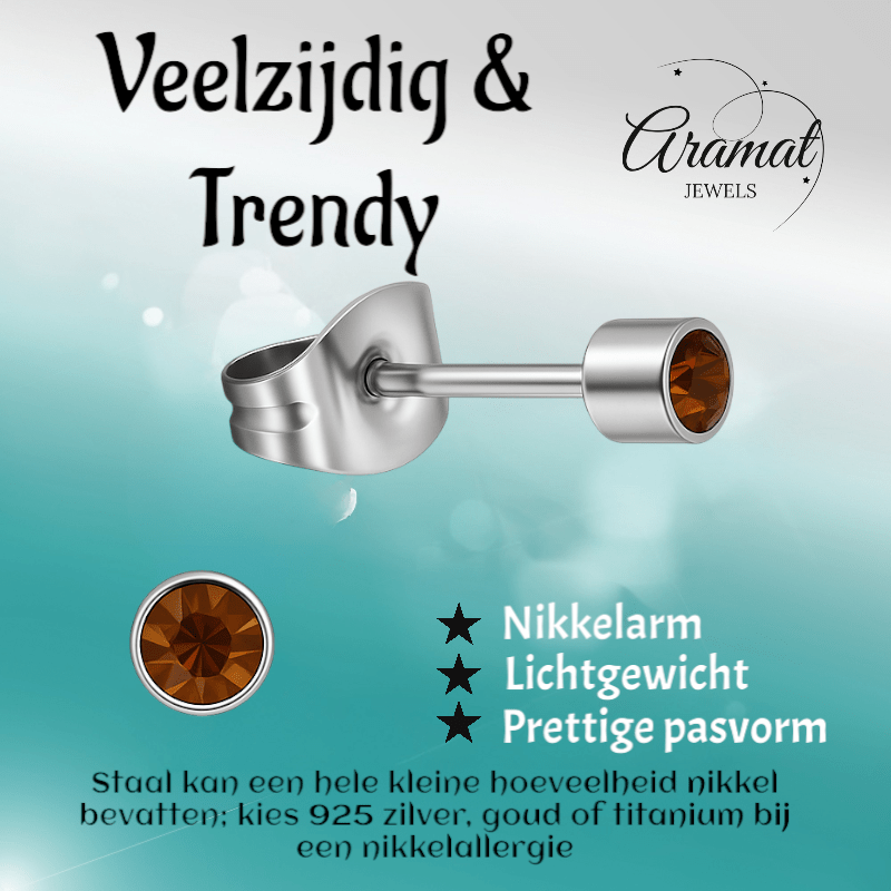 Mini oorstekers topaasbruin kristal – 3mm RVS - Aramat Jewels - Oorbellen - cadeautip