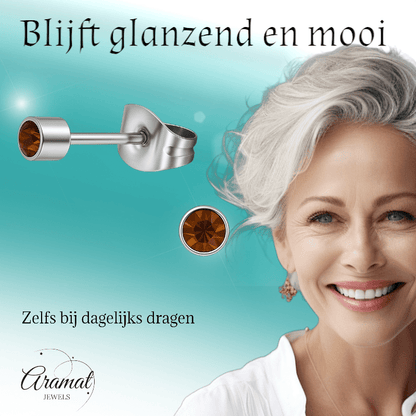 Mini oorstekers topaasbruin kristal – 3mm RVS - Aramat Jewels - Oorbellen - cadeautip