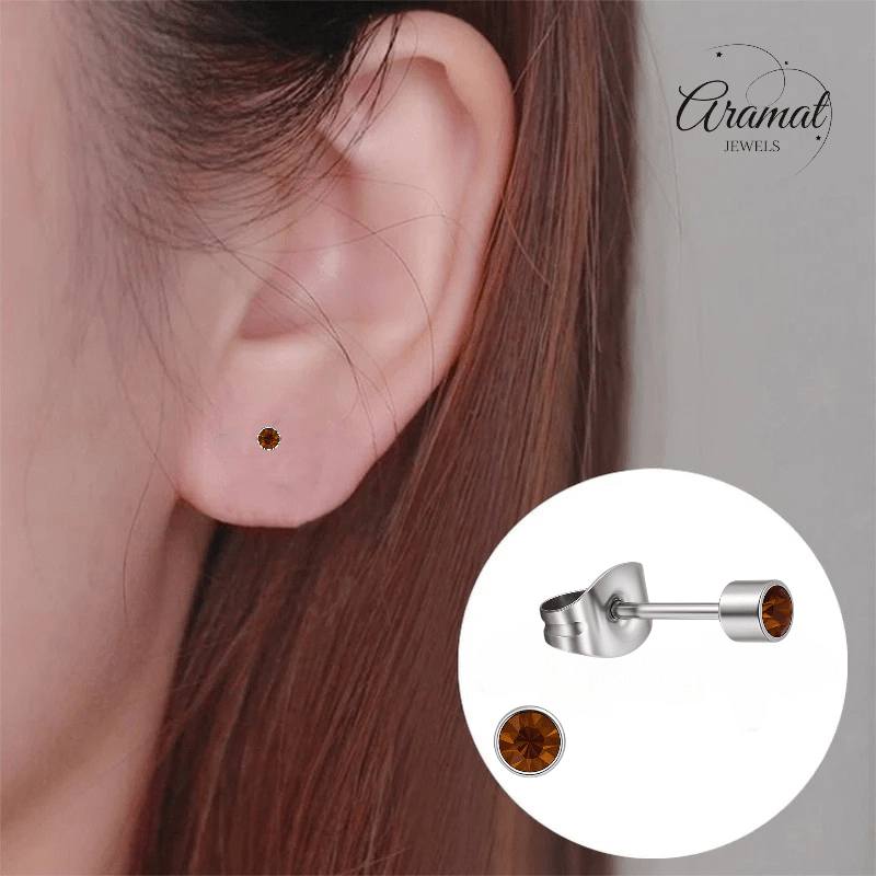 Mini oorstekers topaasbruin kristal – 3mm RVS - Aramat Jewels - Oorbellen - cadeautip