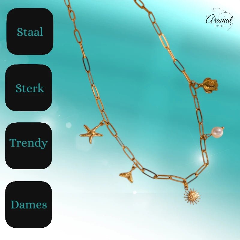 Multi Bedelketting goudkleurig – parel & zeethema - ket1160 - 599156 - Halskettingen kopen# - 40cm - alles - Bedelketting