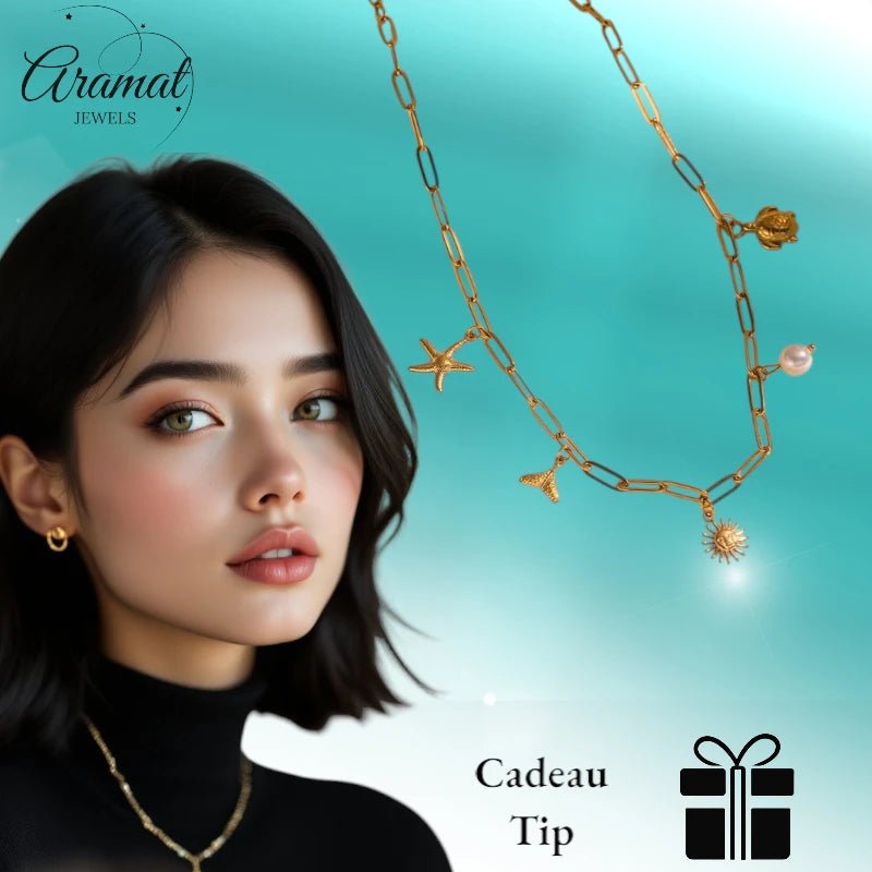 Multi Bedelketting goudkleurig – parel & zeethema - ket1160 - 599156 - Halskettingen kopen# - 40cm - alles - Bedelketting