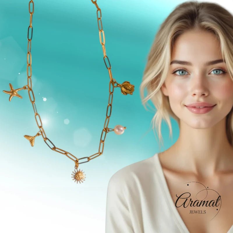 Multi Bedelketting goudkleurig – parel & zeethema - ket1160 - 599156 - Halskettingen kopen# - 40cm - alles - Bedelketting