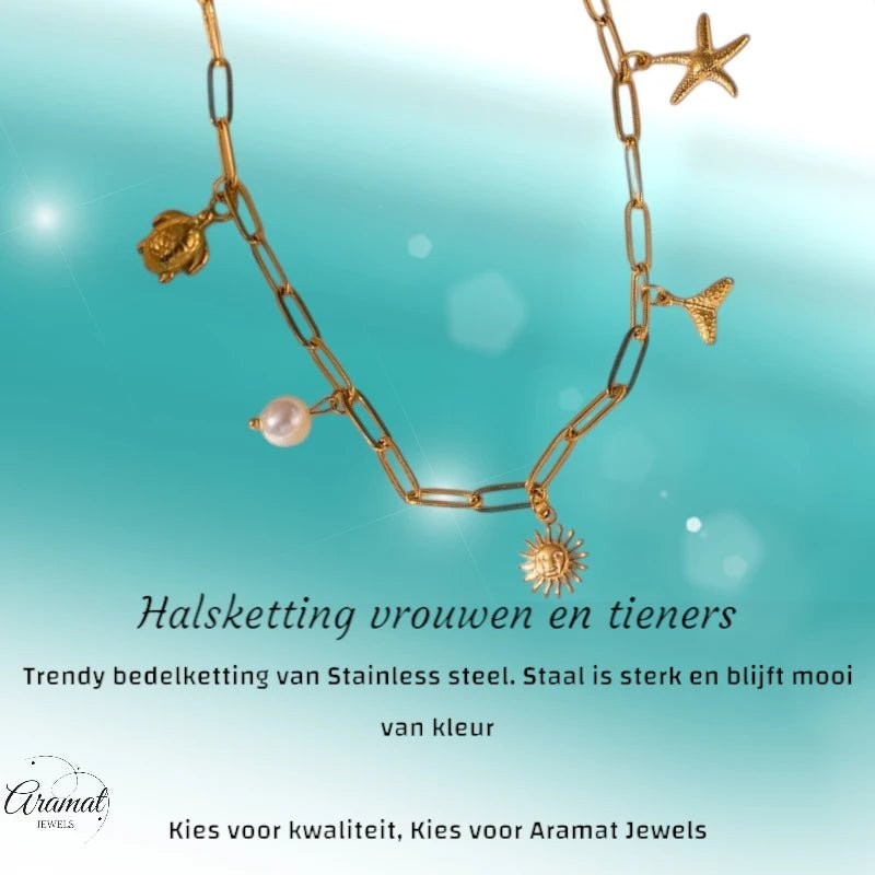 Multi Bedelketting goudkleurig – parel & zeethema - ket1160 - 599156 - Halskettingen kopen# - 40cm - alles - Bedelketting