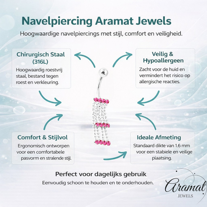 Roze Zirkonia Navelpiercing met Kettinkjes