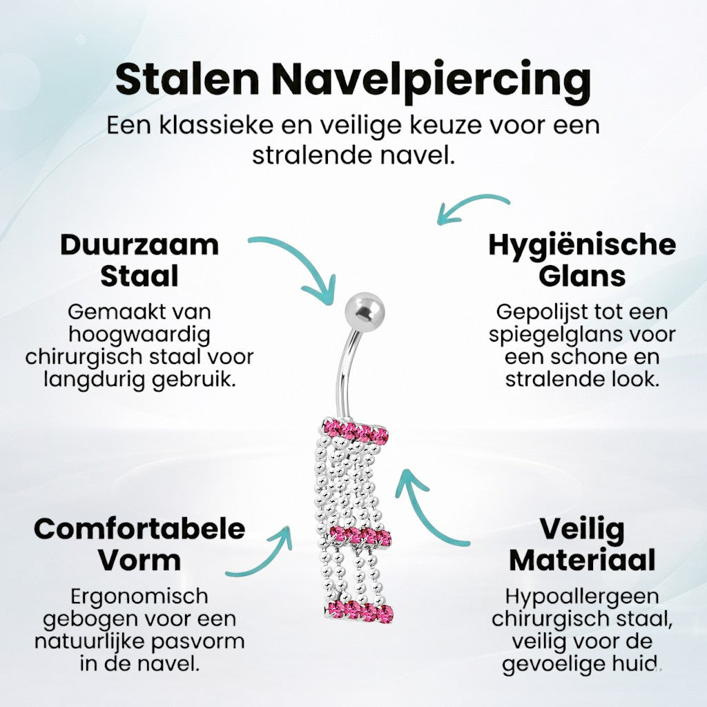Roze Zirkonia Navelpiercing met Kettinkjes