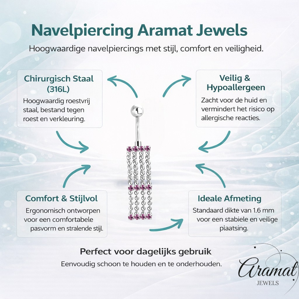 Paarse Zirkonia Navelpiercing met Kettinkjes