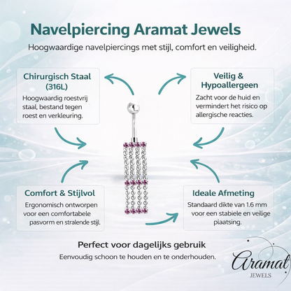 Paarse Zirkonia Navelpiercing met Kettinkjes