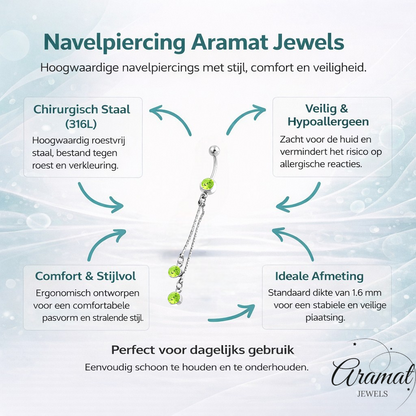 Stalen Navelpiercing ketting en groene zirkonia`s