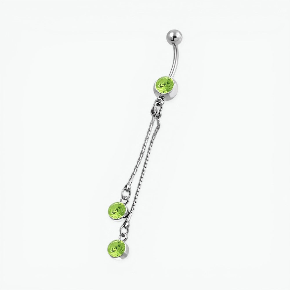 Stalen Navelpiercing ketting en groene zirkonia`s