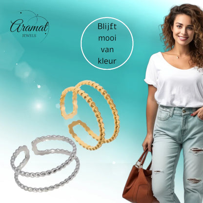 Verstelbare RVS Ring met Dubbele Bolletjeslijn (7 mm)