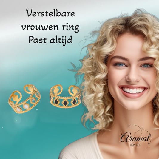 Verstelbare RVS Ring Emaille Ruitjes - Goud met Wit of Zwart