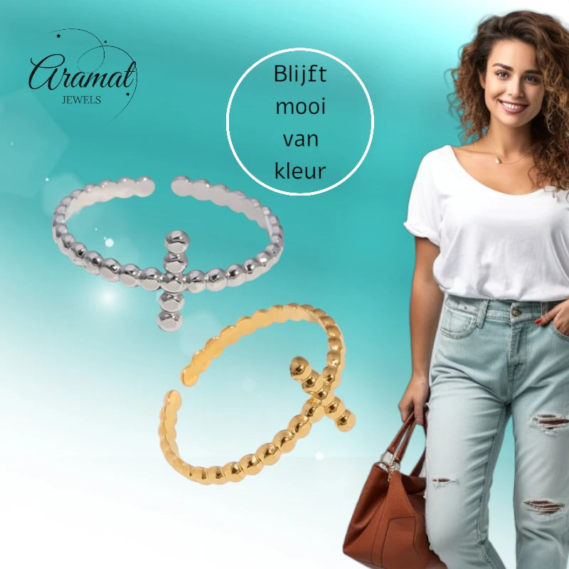 Open Ring RVS met Bolletjesmotief en Kruisje (10 mm)