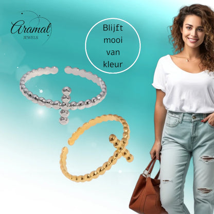 Open Ring RVS met Bolletjesmotief en Kruisje (10 mm)