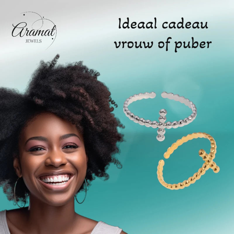 Open Ring RVS met Bolletjesmotief en Kruisje (10 mm)