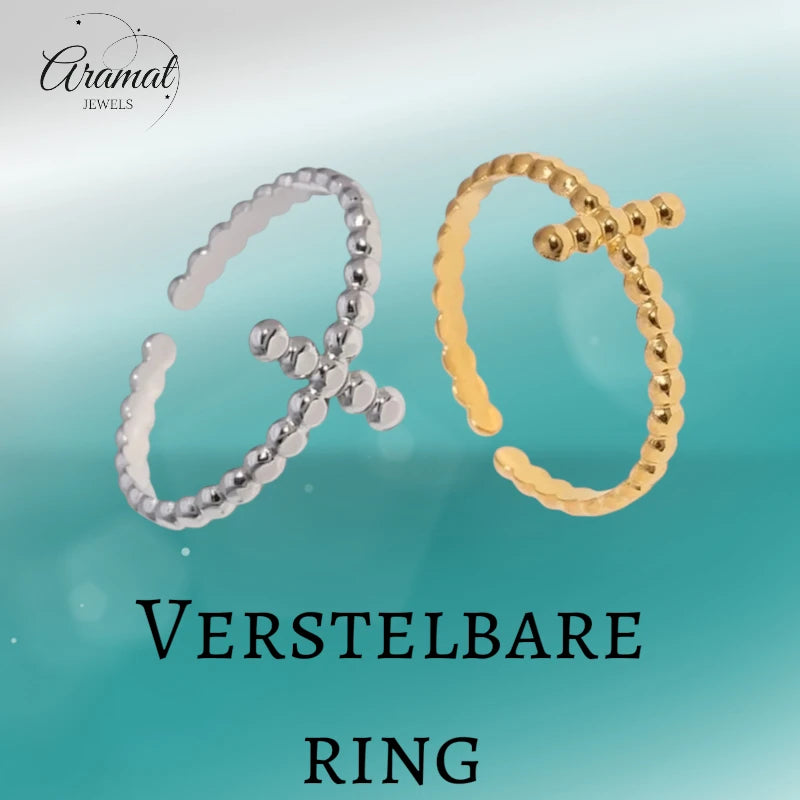 Open Ring RVS met Bolletjesmotief en Kruisje (10 mm)