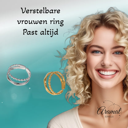 Open Ring RVS met Dot en Gehamerde Lijn (7 mm)