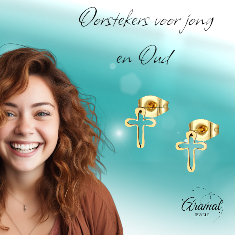 Boucles d'oreilles en acier avec croix ouverte - Couleur or - 10 x 8 mm