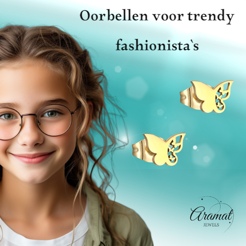 Boucles d'oreilles papillon en acier – couleur or – 7 x 10 mm