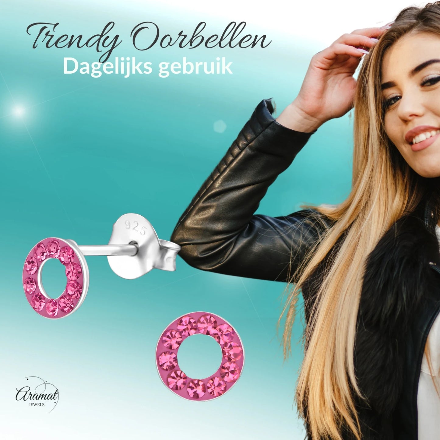 Zilveren open cirkel oorbellen roze kristal