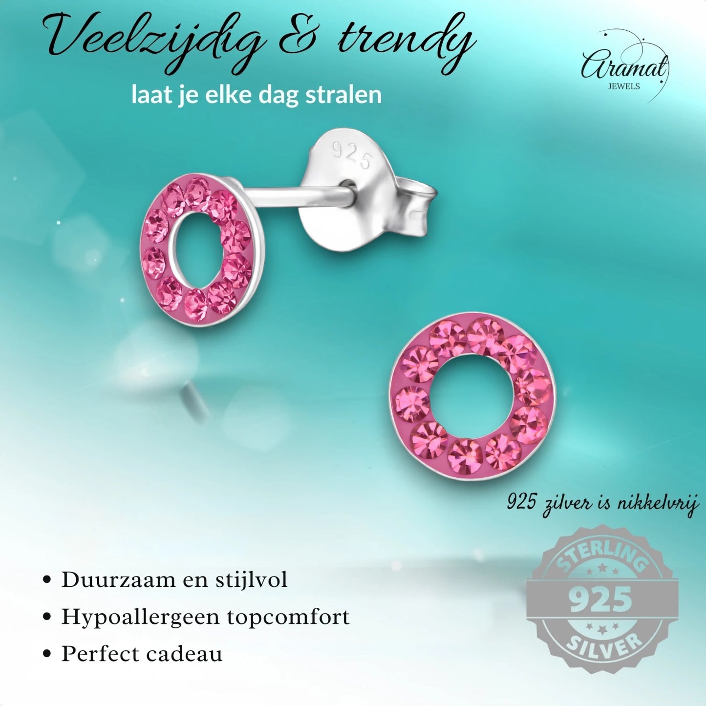 Zilveren open cirkel oorbellen roze kristal