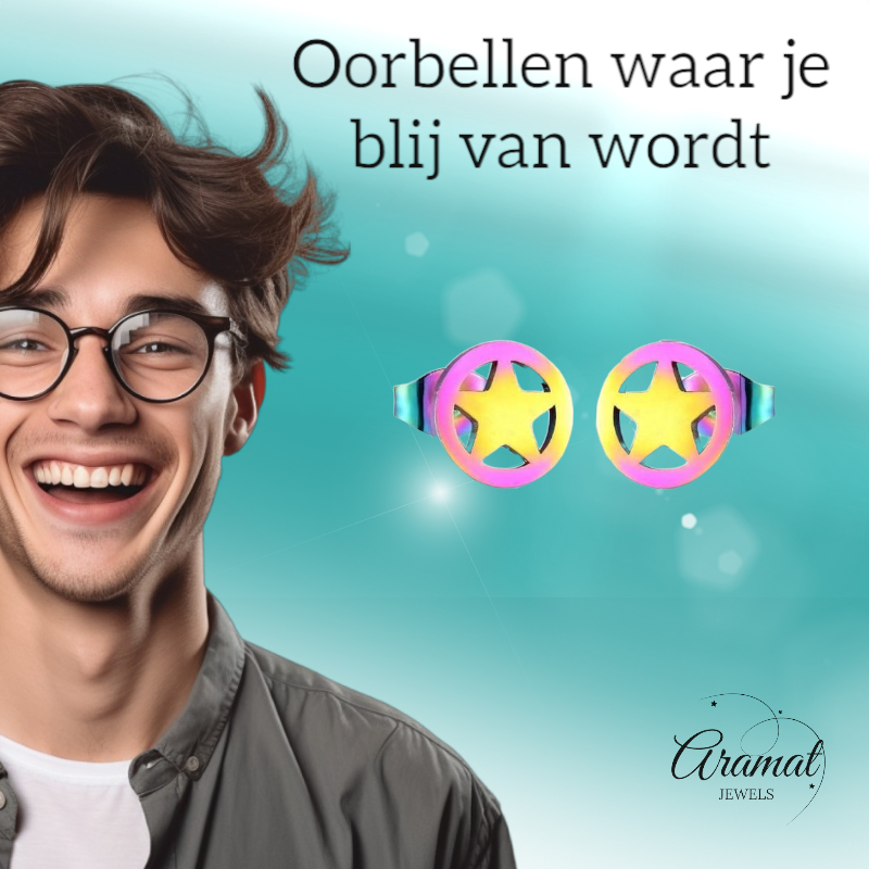 Boucles d'oreilles puces en forme d'étoile, en acier multicolore – 8 mm