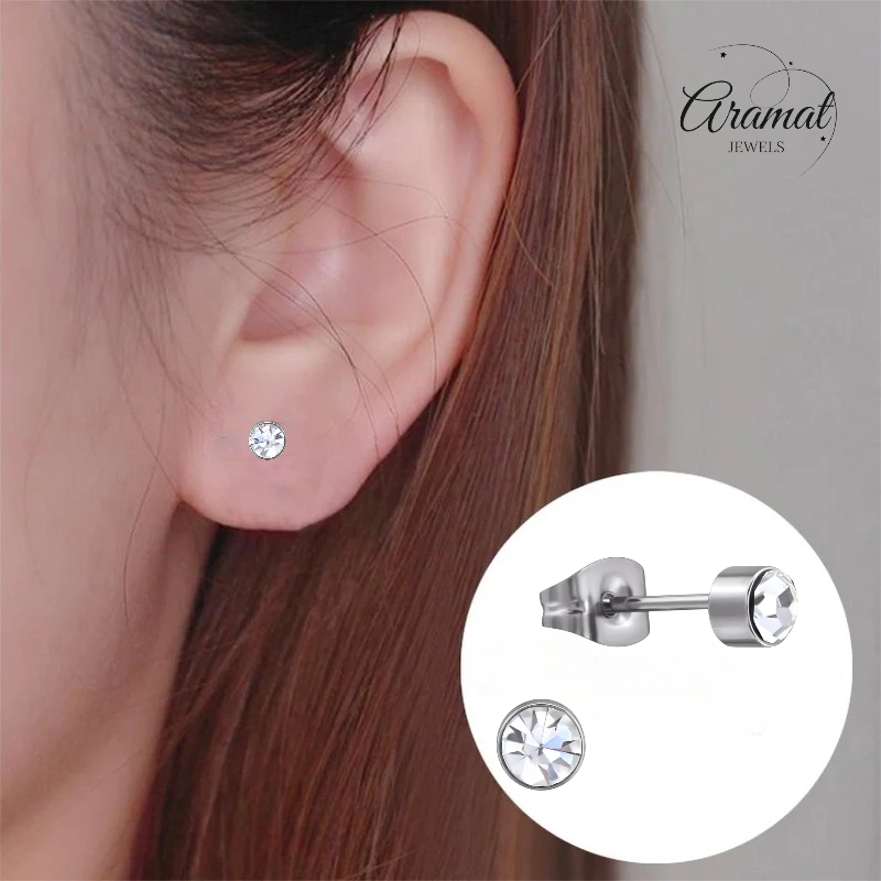 Boucles d'oreilles puces en cristal transparent – ​​4 mm acier inoxydable argenté