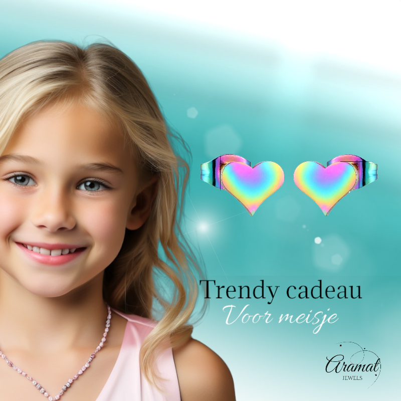 Boucles d'oreilles puces en forme de cœur arc-en-ciel – 9 x 8 mm, en acier inoxydable joyeux