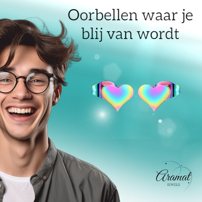 Boucles d'oreilles puces en forme de cœur arc-en-ciel – 9 x 8 mm, en acier inoxydable joyeux