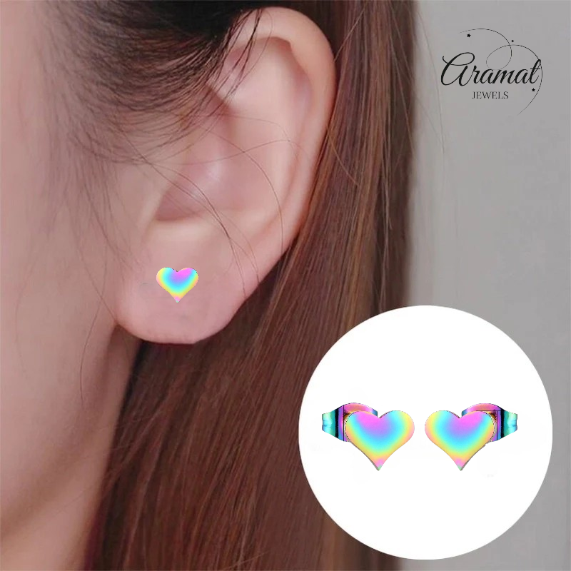 Boucles d'oreilles puces en forme de cœur arc-en-ciel – 9 x 8 mm, en acier inoxydable joyeux