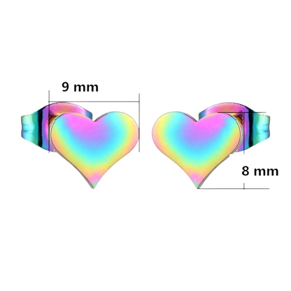 Boucles d'oreilles puces en forme de cœur arc-en-ciel – 9 x 8 mm, en acier inoxydable joyeux